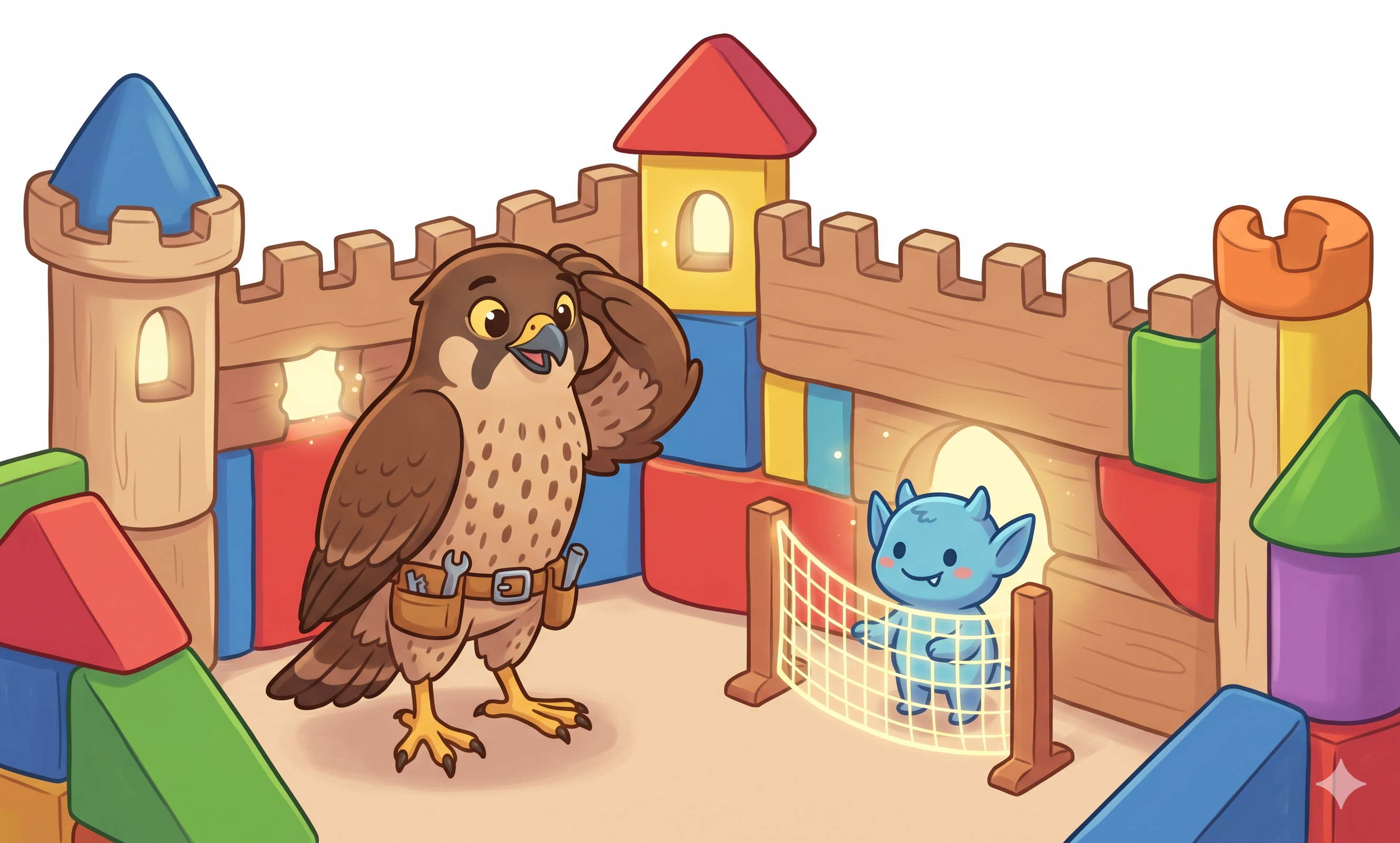 Cartoon security owl defending a wooden castle wall against an attacker, representing software firewall defenses failing against modern threats