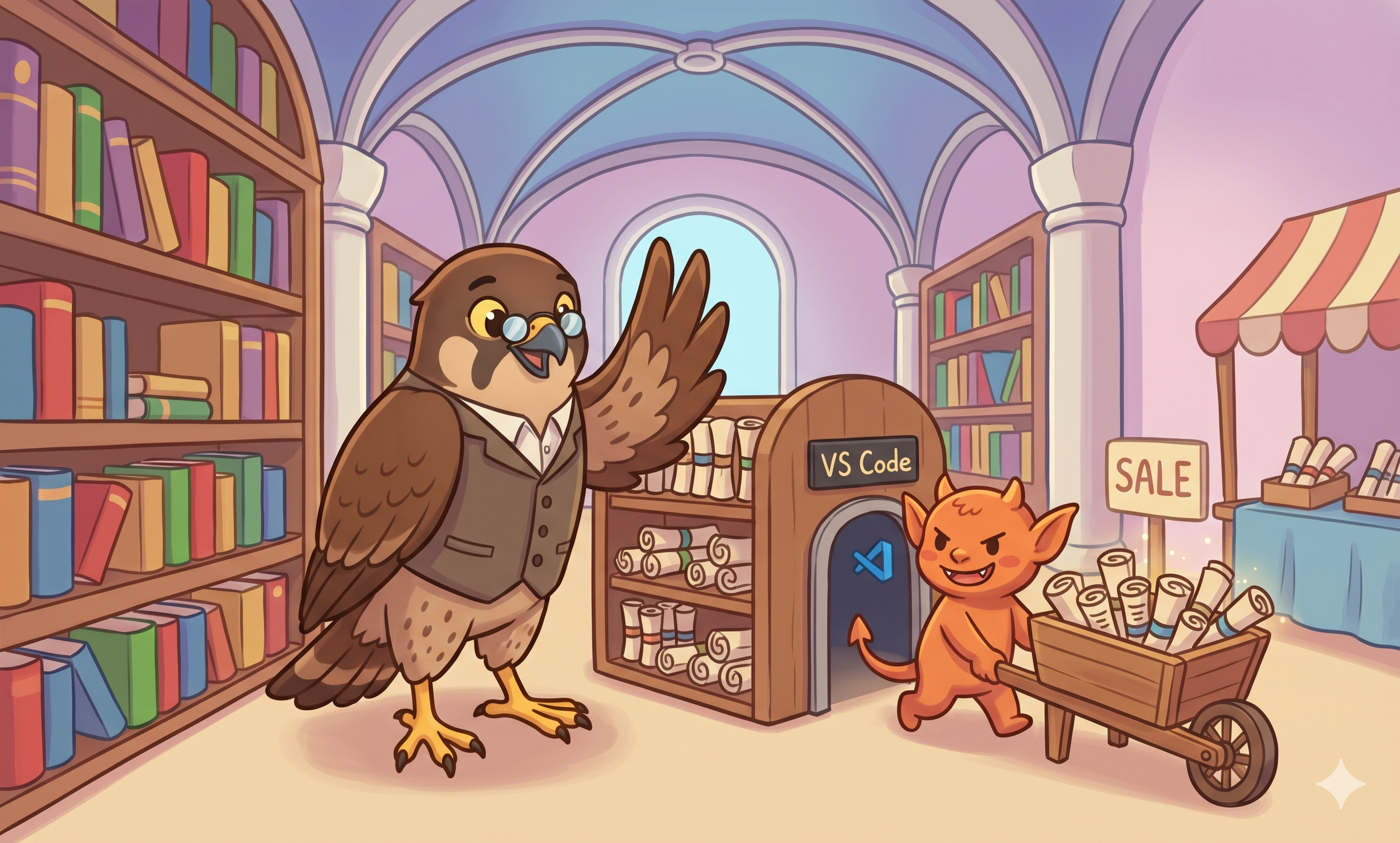 Illustrated library scene with an orange cat wheeling stolen code repositories past a VS Code storefront, representing the GitHub internal repository breach via malicious extension