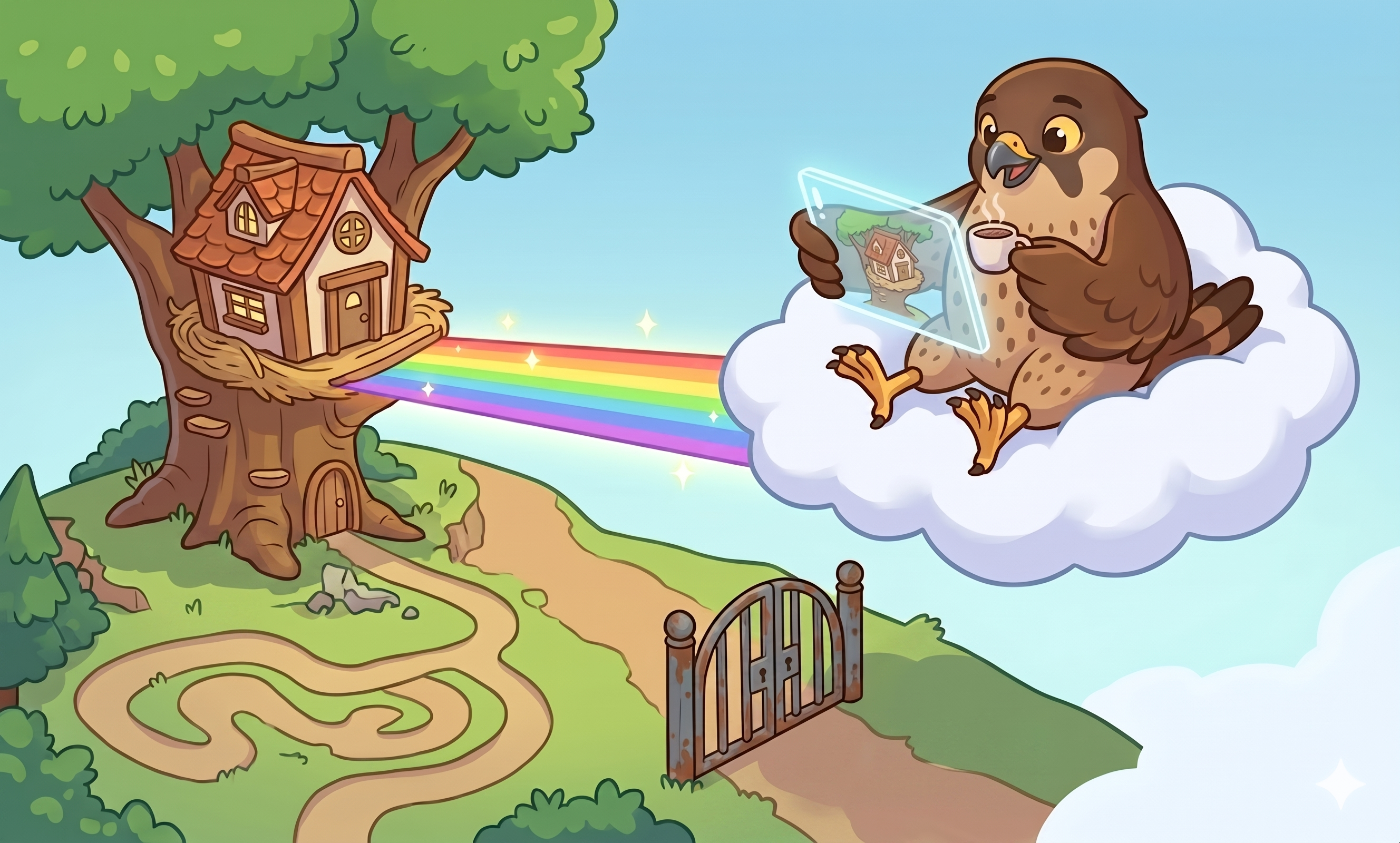 Whimsical illustration of a treehouse connected to a remote cloud location by a secure beam over a gated home network, representing hardware-enforced remote access without port forwarding