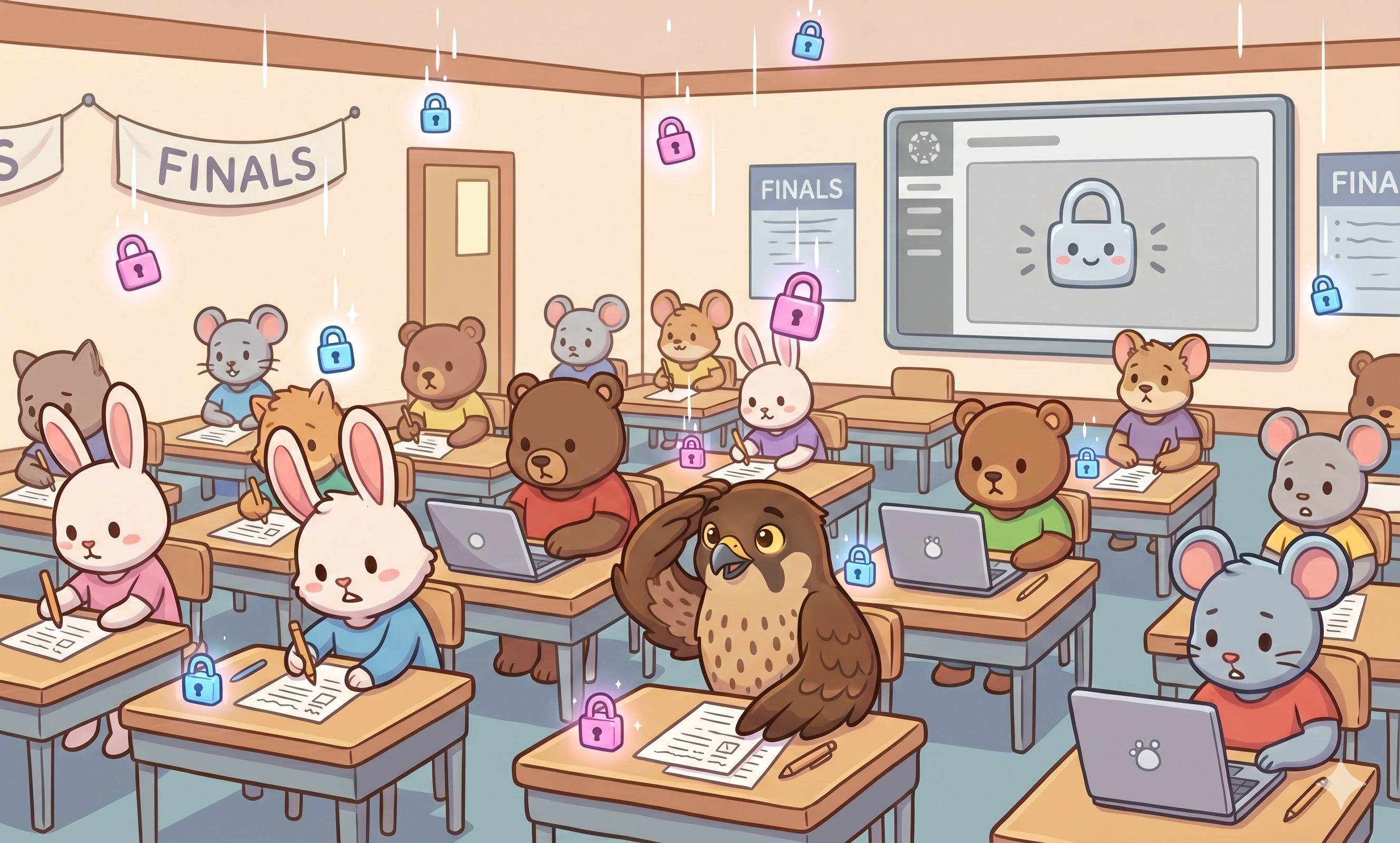 Illustrated classroom of animal students facing padlocked laptop screens with Finals banners on the wall, representing the Canvas LMS ransomware attack during finals week