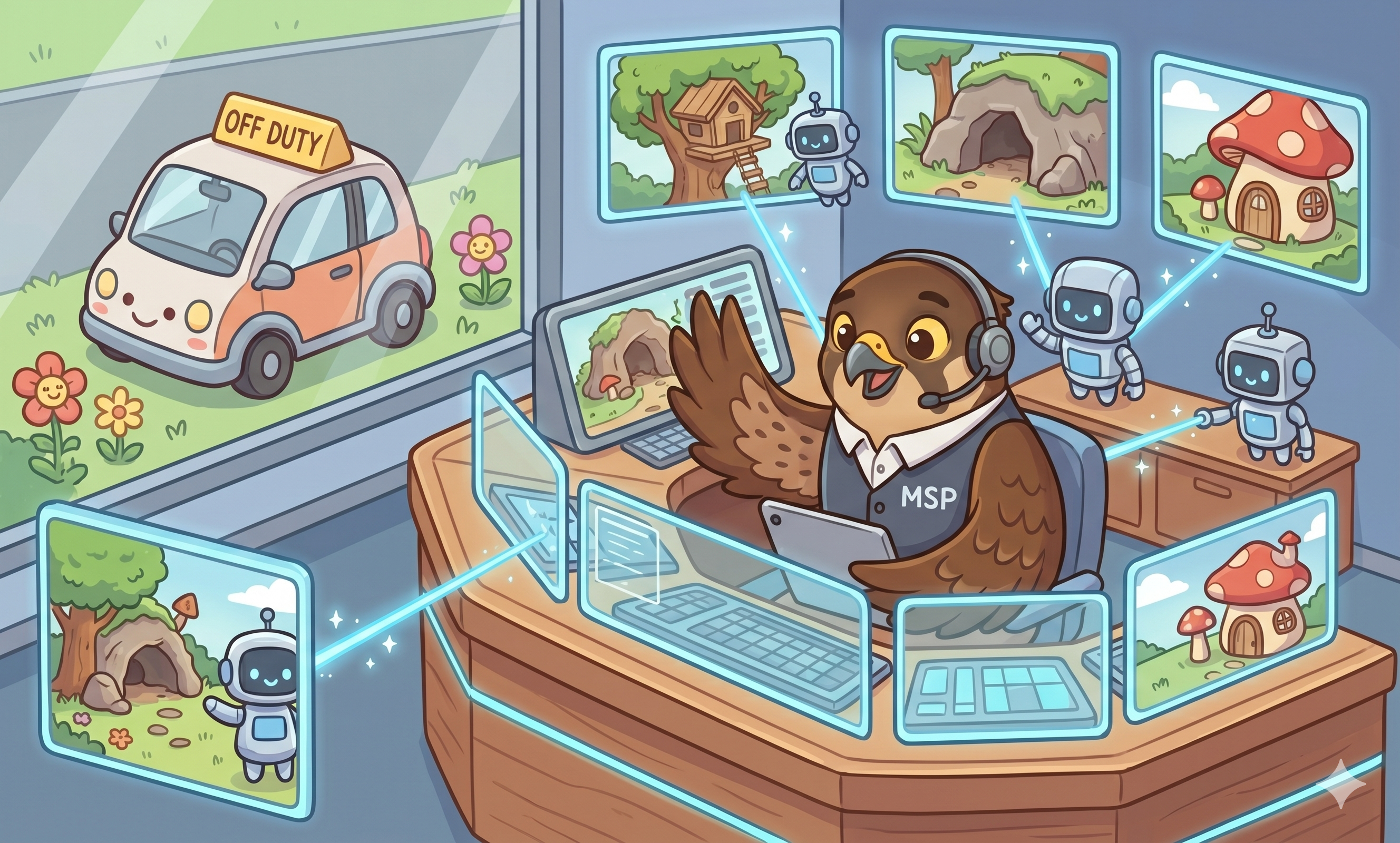 MSP technician owl working remotely at a desk with multiple client site screens while an off-duty car sits outside unused, representing remote network management without truck rolls