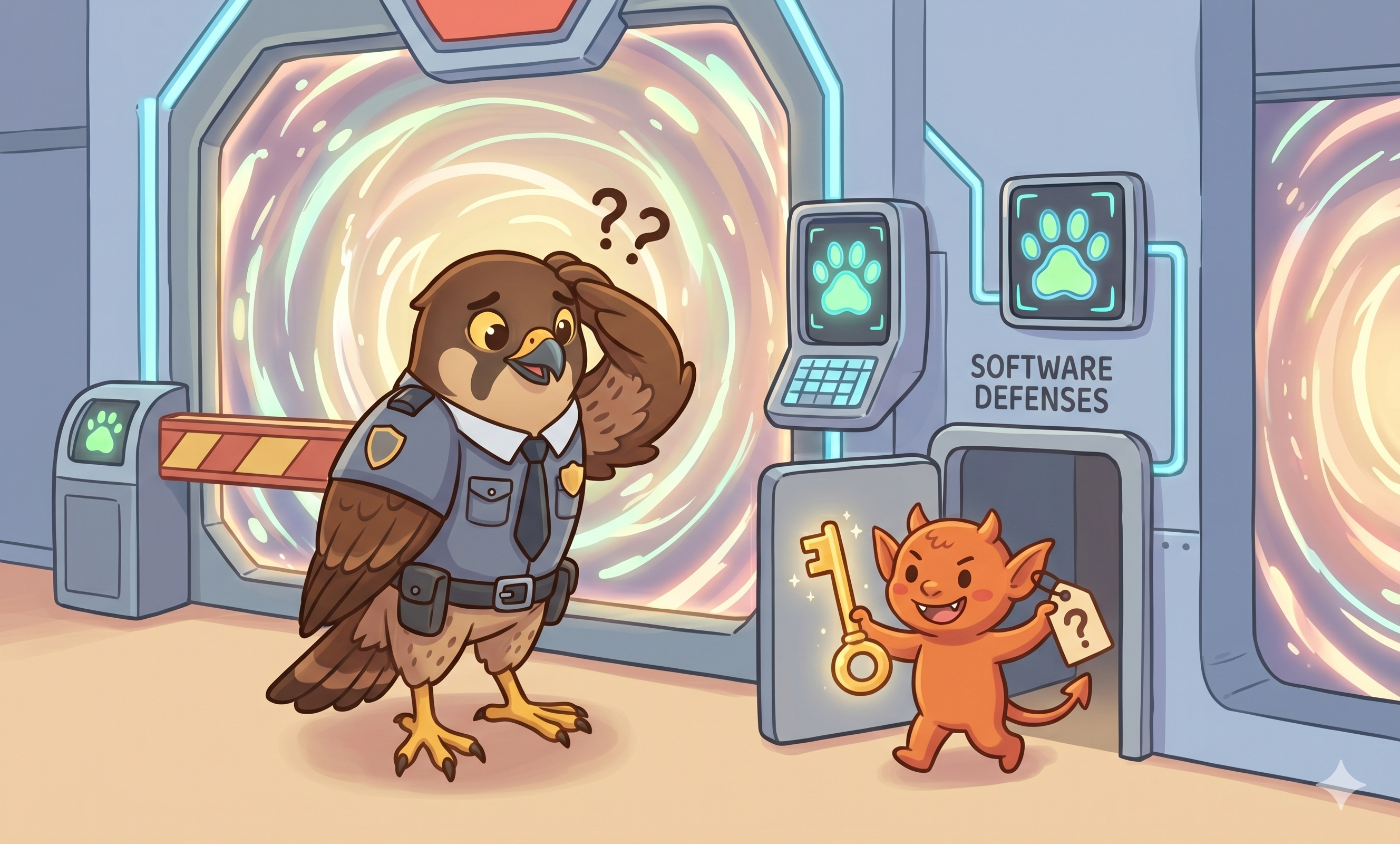 Confused security owl with question marks as an orange cat bypasses glowing software defense vortexes labeled SOFTWARE DEFENSES, representing stolen credentials defeating security tools