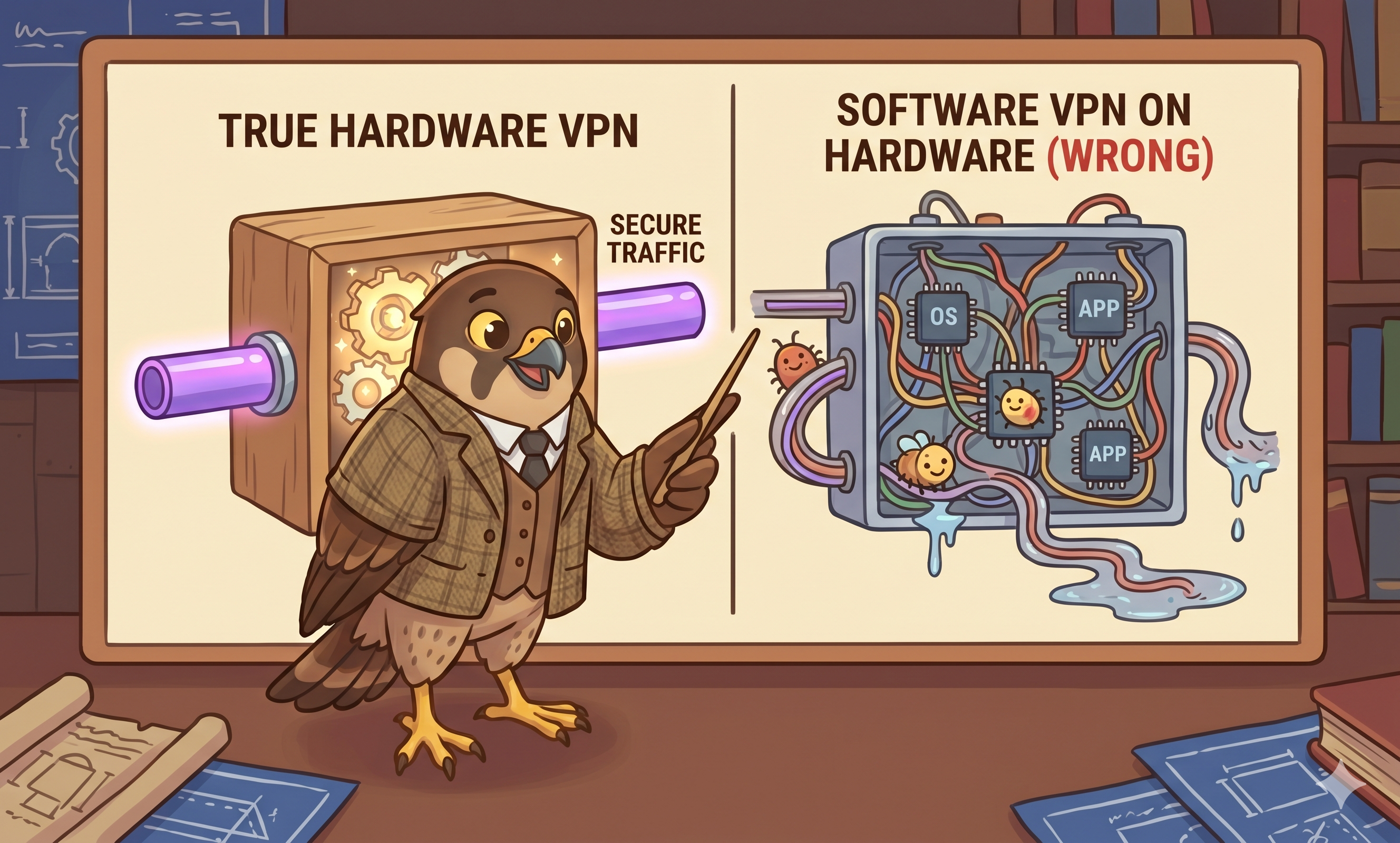 Split comparison showing a true hardware VPN wooden box with orderly secure traffic pipes versus a chaotic tangle of wires labeled SOFTWARE VPN ON HARDWARE WRONG