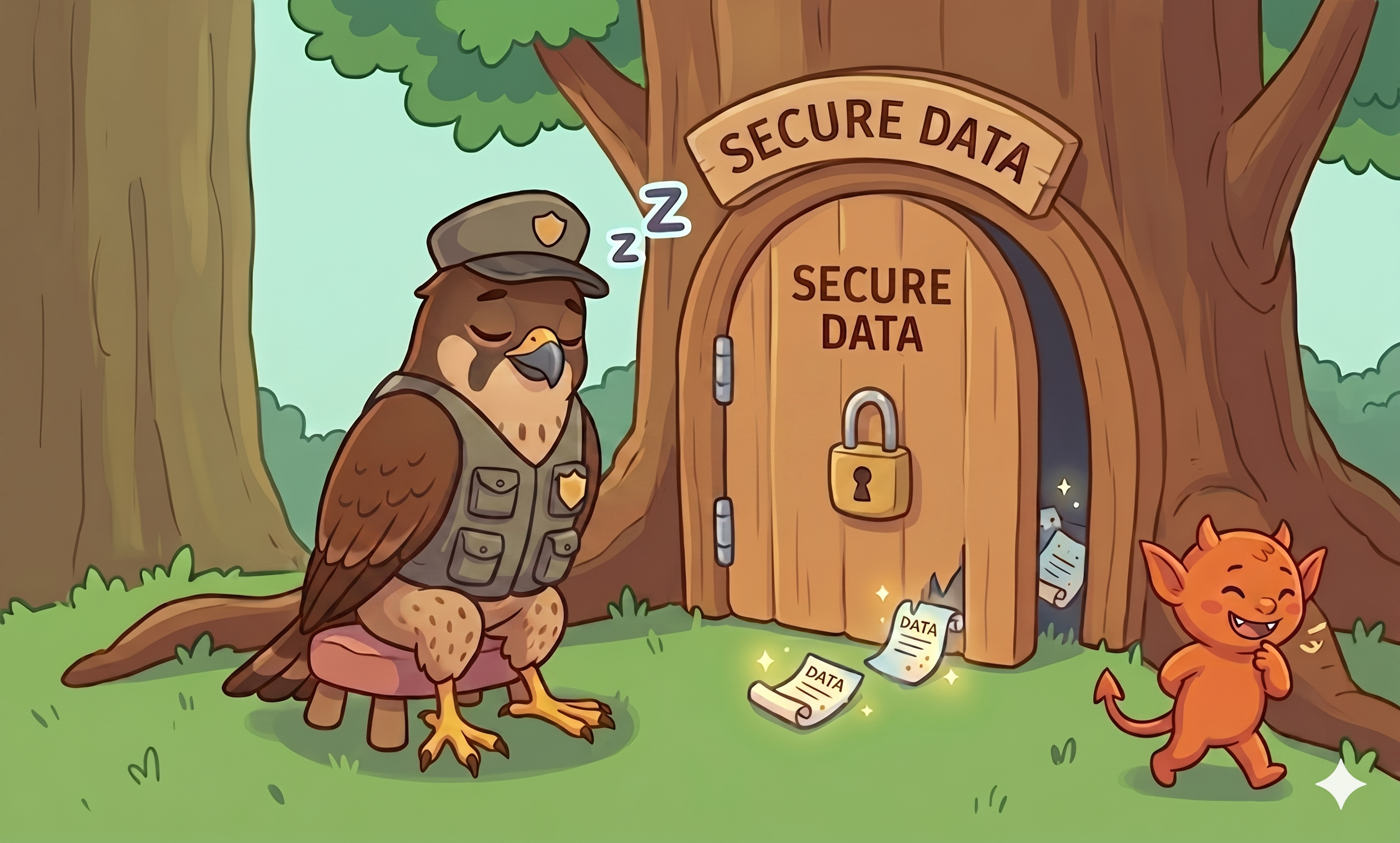 Sleeping security guard owl beside a padlocked data storage tree while an orange devil figure steals scattered documents, representing the Mercor supply chain credential breach